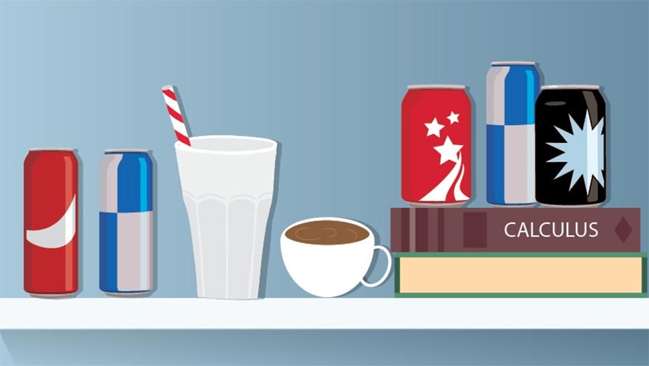 Grapic of soda bottles, cans, coffee cup