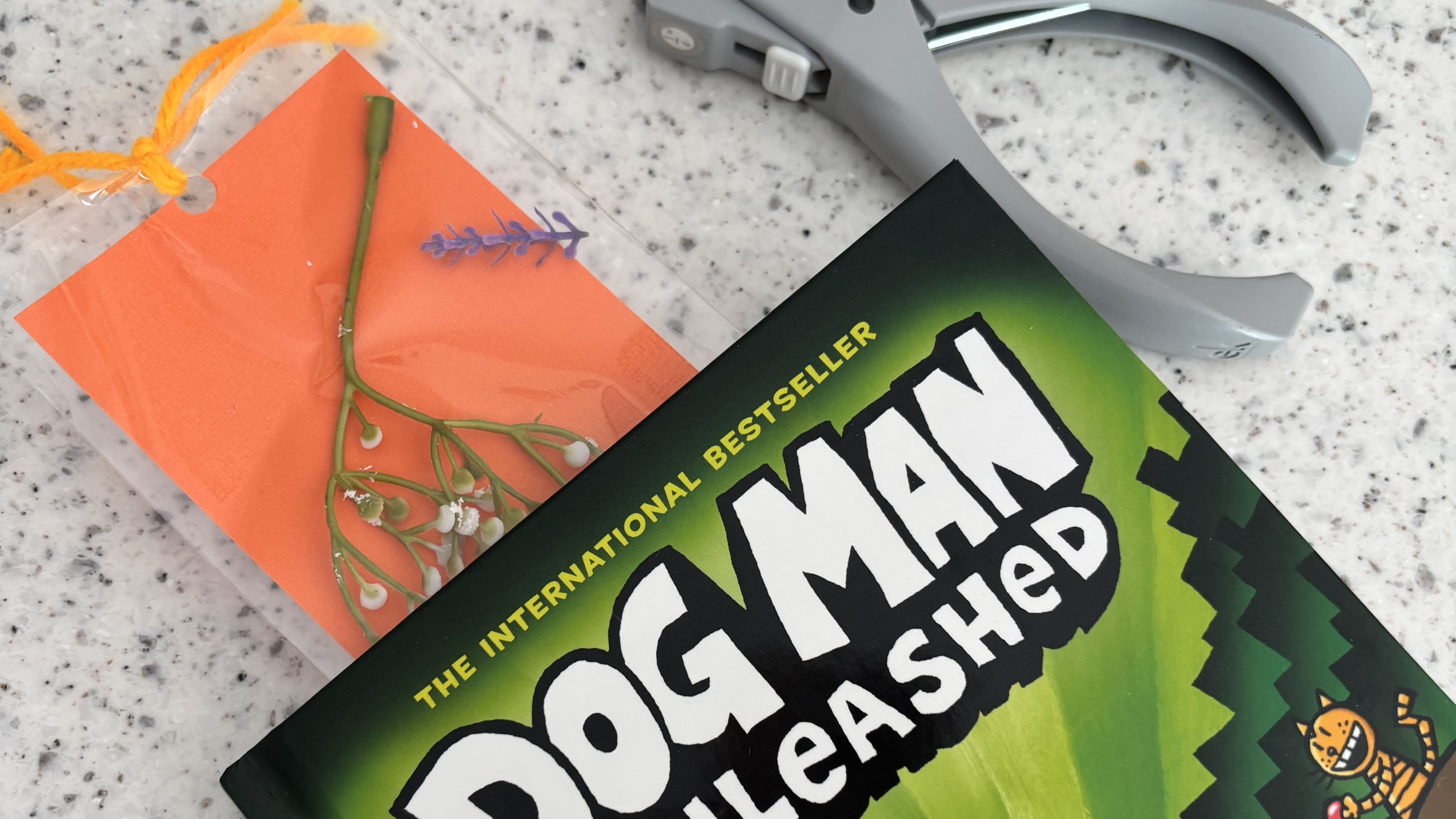 Dog Man Unleashed book with homemade orange bookmark and 3 hole punch