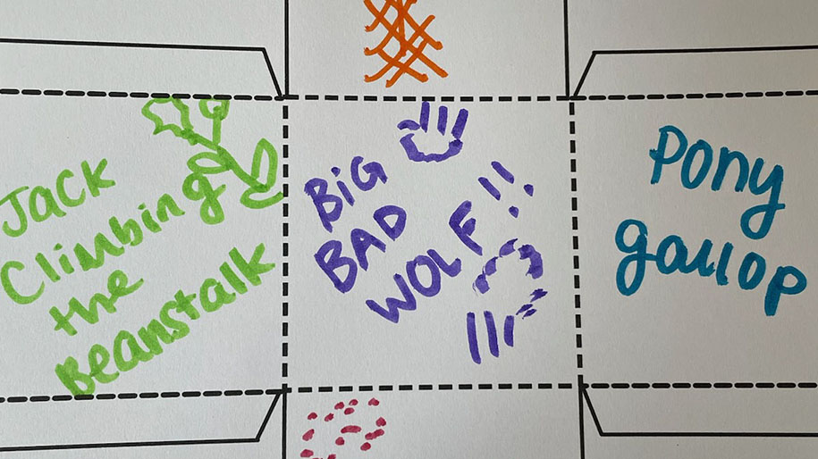 Charade cards with words jack climbing the beanstalk big bad wolf and more