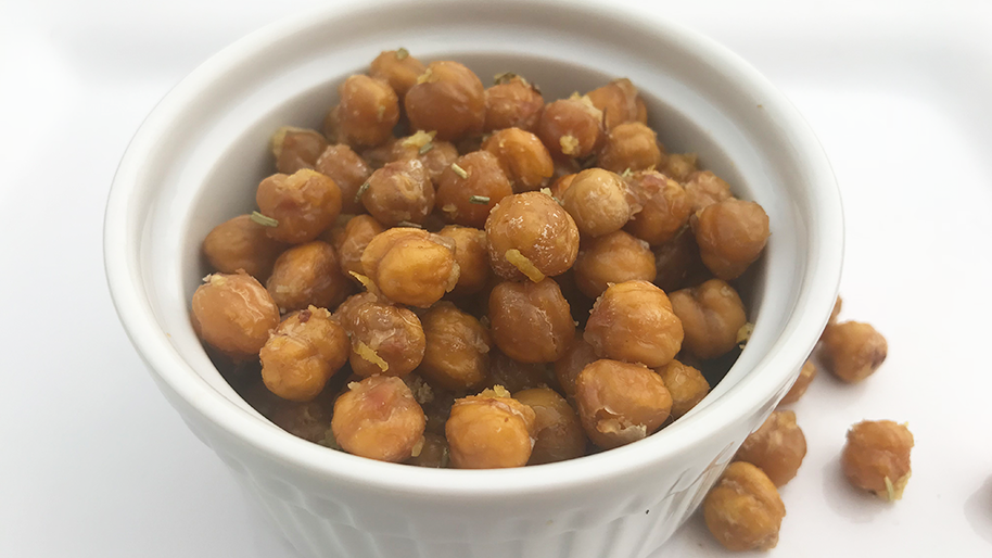 Roasted chickpeas in a white bowl