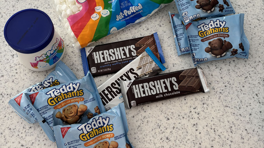 Teddy grahams, marshmallows, hershey chocolates