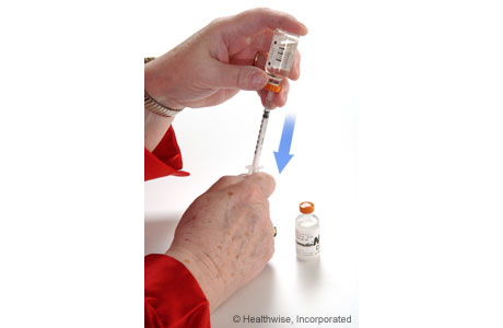 Drawing clear insulin into the syringe Drawing clear insulin into the syringe
