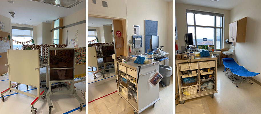 On the left: MIBG therapy patient room with lead shields; center: doorway between the MIBG therapy room and caregiver’s room; on the right: the caregiver’s room