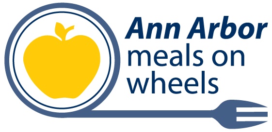 Ann Arbor meals on wheels logo, gold-colored apple surrounded by blue circle with line of circle extending into a fork at the bottom