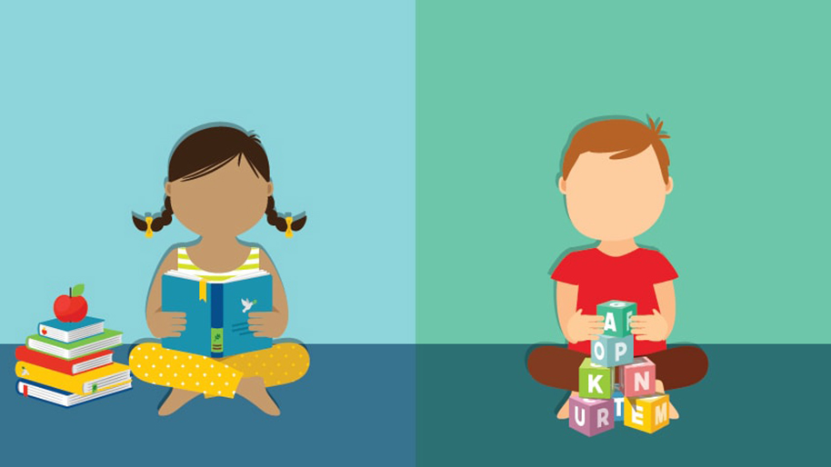 Graphic of a girl looking at school books and a boy playing with blocks