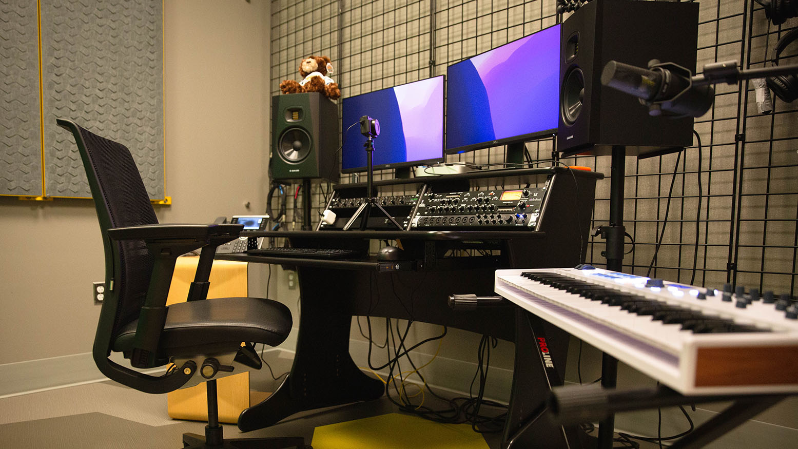Monitors, keyboard and sound system to create music