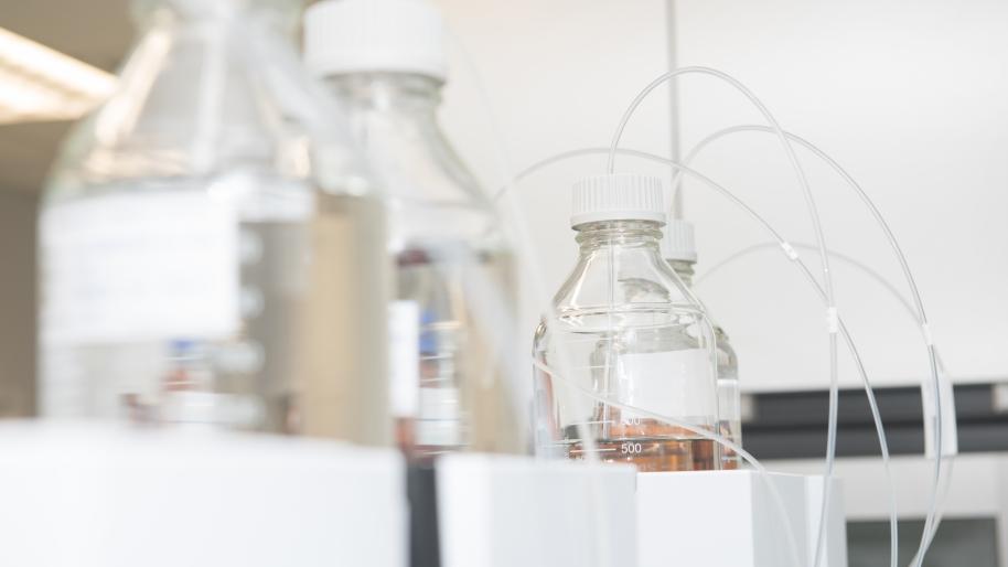 Clear glass beakers with plastic tubing coming out