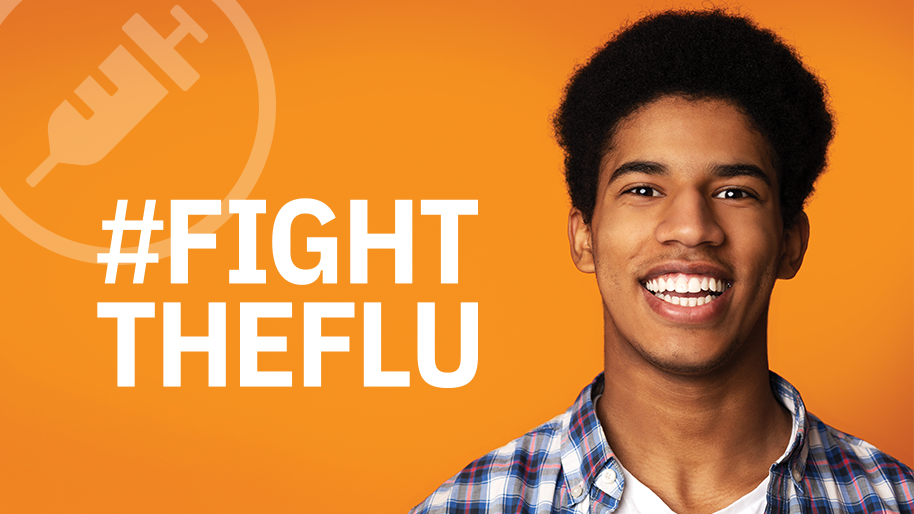 Young black man wearing plaid shirt with text: #Fight the Flu on orange background
