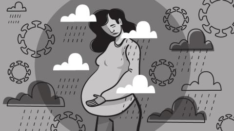 Gray and white graphic of a pregnant woman
