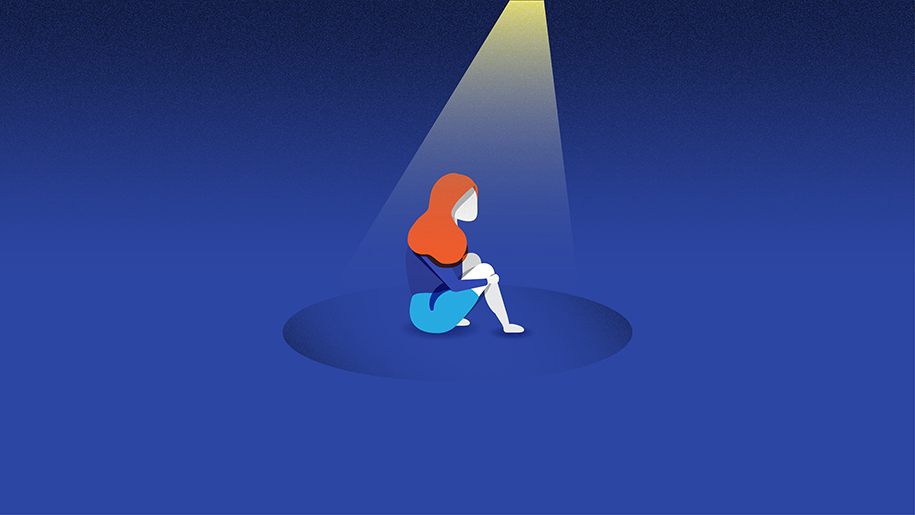 Graphic of a girl sitting in the center of a blue square with a spotlight shining on her.